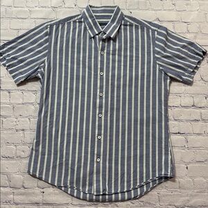 Zachary Prell Blue and Cream Striped 100% Cotton Short-Sleeved Button Down Shirt